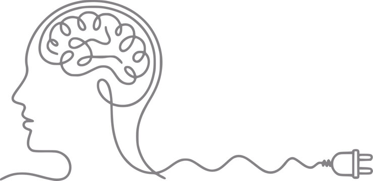 Una l&iacute;nea minimalista del perfil de una cabeza humana con un cerebro conectado a un enchufe de energ&iacute;a el&eacute;ctrica