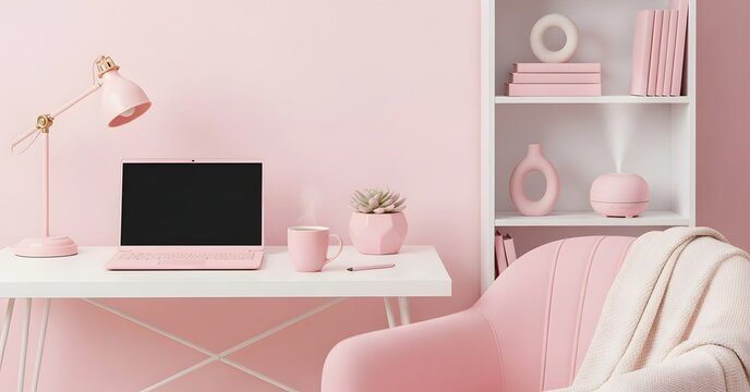 Minimalist home office workspace with laptop and desk decor in soft pastel pink shades, interior des