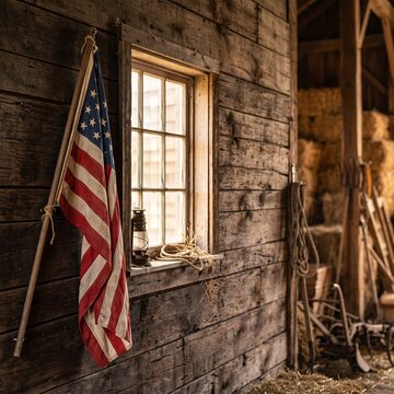Vintage American flag hanging by rustic wooden barn window with warm sunlight