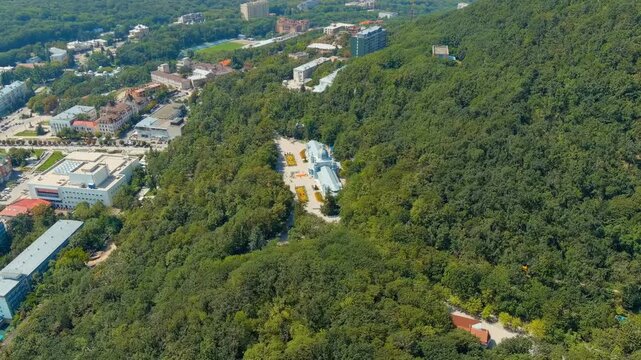 Zheleznovodsk, Russia. Pushkin gallery. Spa park. City Resort. Drone footage, Departure of the camera