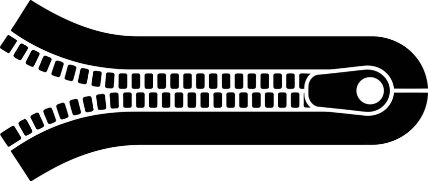 Black zipper with slider and separated teeth in a minimalist flat style on a Transparent Background