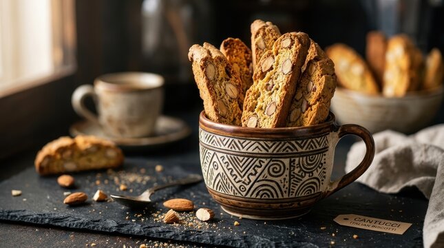 Authentic homemade Italian cantucci biscotti with crunchy almonds served in a decorative ceramic mug on a dark stone background with coffee,