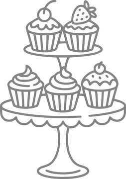 Una l&iacute;nea simple de cinco deliciosos cupcakes dispuestos en un soporte para servir postres de dos niveles