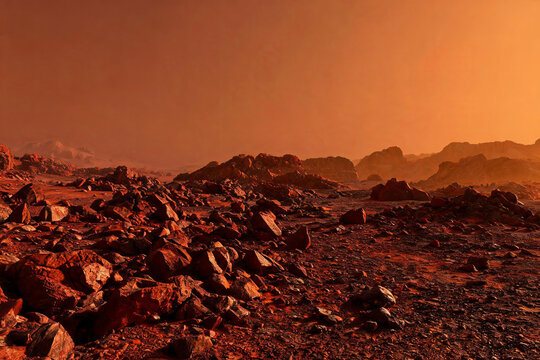 A barren, rocky extraterrestrial landscape on Mars, featuring scattered rocks and an orange dusty sky under harsh arid conditions.