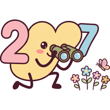 Cute cartoon illustration of the year 2007 as a playful character looking through binoculars with colorful flowers and a butterfly