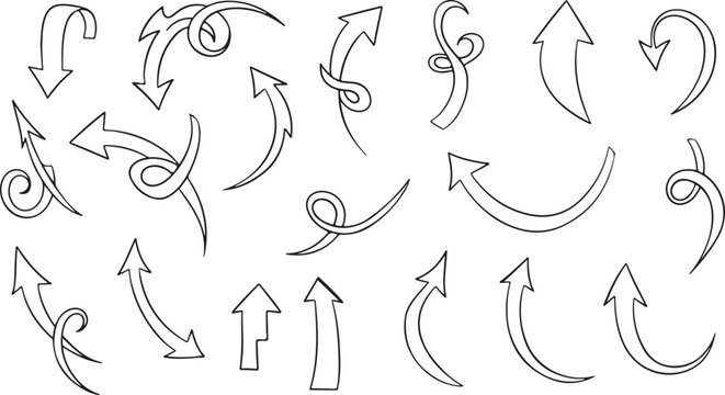 A creative collection of hand-drawn black curled and looping arrows designed to accent your digital layouts.