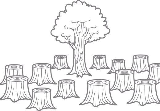 Un solo &aacute;rbol en pie rodeado de muchos tocones de &aacute;rboles cortados, que representa la deforestaci&oacute;n y la p&eacute;rdida ambiental