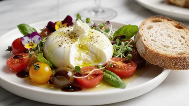 Pouring Extra Virgin Olive Oil on Fresh Burrata Cheese Salad with Cherry Tomatoes and Sourdough Bread
