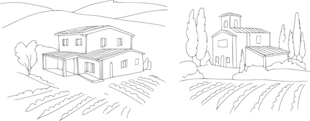 Fototapeta premium Línea en blanco y negro que muestra dos villas rústicas de campo rodeadas de campos de viñedos