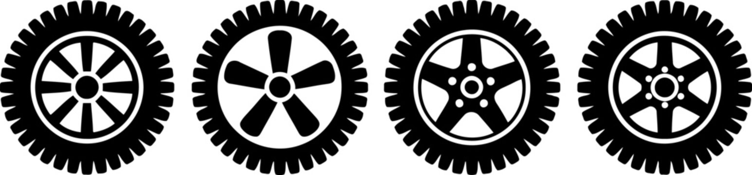 Four Black Car Wheels with Different Rim on a White Background Transparent Background
