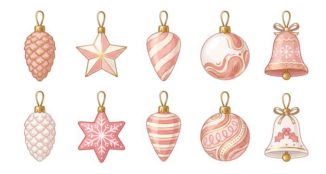 Set of christmas ornaments in soft pink and white colors, isolated on transparent background