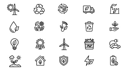 Fototapeta premium Eco friendly and sustainable energy line icon collection with environment