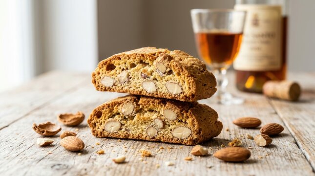 Delicious cantuccini Italian almond biscuits stacked on a rustic wooden table with whole nuts and a glass of vin santo dessert wine. High quality food photography ideal for menus and culinary