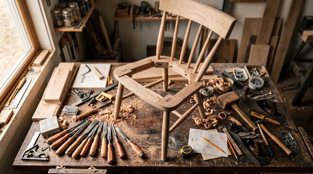 Handcrafted wooden chair in progress on a cluttered workshop table with tools