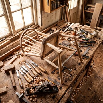 Vintage woodworking workshop with handcrafted chair and scattered tools on rustic floor