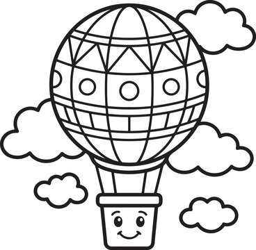 Cute Hot Air Balloon with Clouds Coloring Page Line Art for Kids