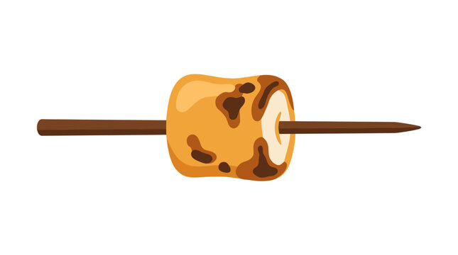 A single roasted marshmallow on a wooden stick isolated on a white background.