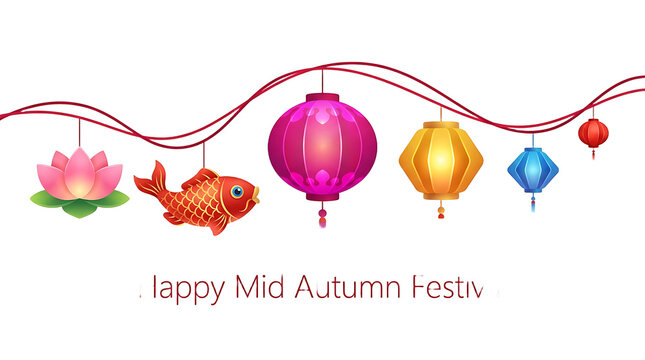 Traditional Chinese lanterns hanging on red string, Happy Mid Autumn Festival greeting banner, colorful paper lantern decorations with fish and lotus