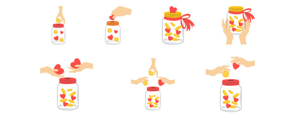 Fototapeta premium Set of Charity Donation Jar Illustration with Coin Collection Container for Fundraising Campaigns, Nonprofit Organizations, Community Support, and Financial Giving Design. Vector Set