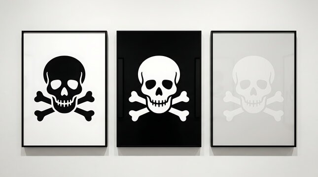 Minimalist skull and crossbones posters, triptych of pirate jolly roger wall art, monochrome skull illustrations in black and white frames