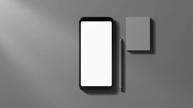 Blank Smartphone Screen Mockup with Stylus and Notepad on Grey Surface