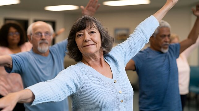 A group of senior citizens performing synchronized arm stretches during a gentle exercise class indoors