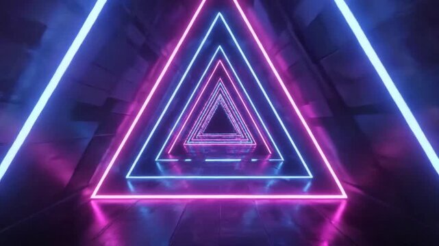 A futuristic tunnel with glowing neon triangular light frames