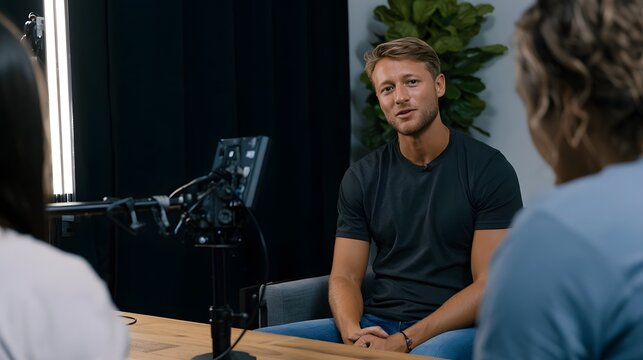 A man sits at a table during an interview or discussion with two other people in a modern studio setting