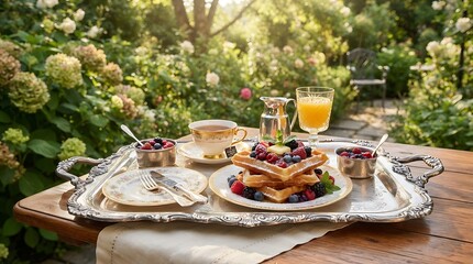 Fototapeta premium Stack of waffles with berries on silver tray in sunny garden.