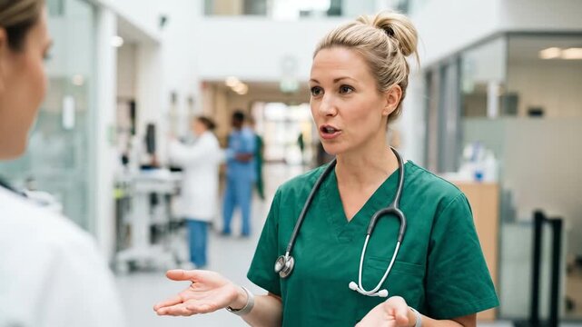 Female doctor in green scrubs talking and gesturing to colleague in hospital corridor