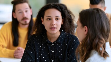 Fototapeta premium Young woman with curly hair speaks during a group discussion while others listen attentively at a table