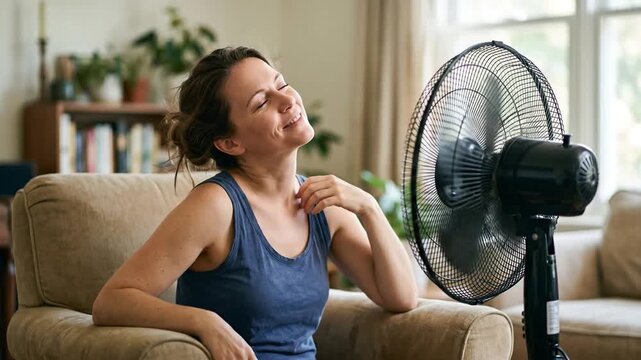 Happy woman enjoying cool air from an electric fan in her living room on a hot day.