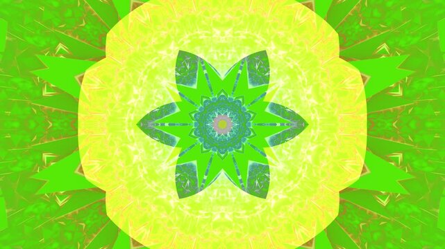 Vibrant green and blue mandala with floral symmetry, glowing details, and kaleidoscope geometry. Ideal for meditation, wellness, yoga, motion graphics, and digital art.