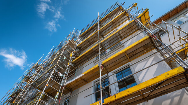 Low-angle view of exterior scaffolding rising diagonally along a multi-story building under sunny renovation