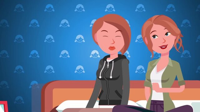 2D animation of two young women or sisters sitting on a bed having a friendly conversation in a bedroom interior