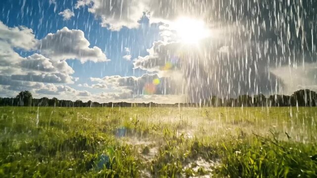 A vibrant sunshower illuminates a lush green field under a partly cloudy sky, creating a beautiful natural landscape scene.