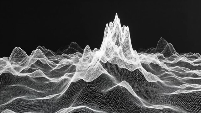 Abstract digital landscape with white wireframe mesh on black background