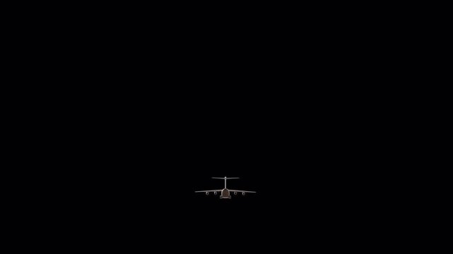 Military Cargo Transport Aircraft Flying Rotation on Black Background 3D Animation 4K