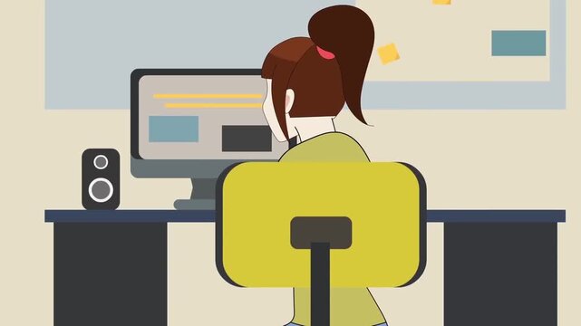 2D animation back view of a woman sitting at an office desk typing on desktop computer workspace workflow concept