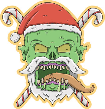 A grotesque zombie Santa Claus with green skin, tattered beard, and a long, slimy tongue sticking out, adorned with candy canes.