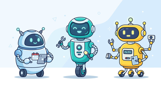 Three cute robot assistants with cheerful faces hovering wheels antennas friendly bot characters for ai service automation education technology support concept illustration artwork