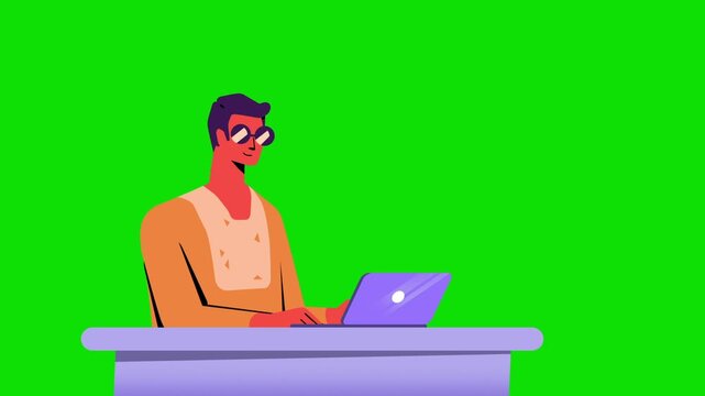 Stylish Cartoon Man Character Working on Laptop on Green Screen Animation