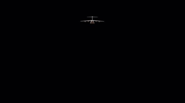 Military Cargo Transport Aircraft Flying Rotation on Black Background 3D Animation 4K