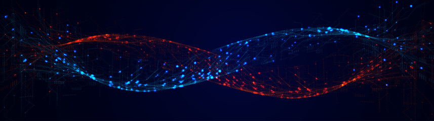 Plakat Abstract Technology Background With Red And Blue Particle Waves, Abstract DNA Helix, Glowing Digital Data Streams And Network Connections On Dark Space. Vector Illustration.