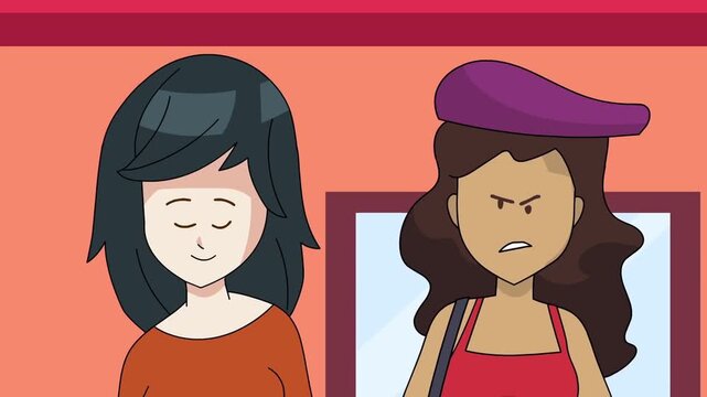 2D animation close up of an angry jealous woman in beret looking at a calm friend social conflict emotion concept