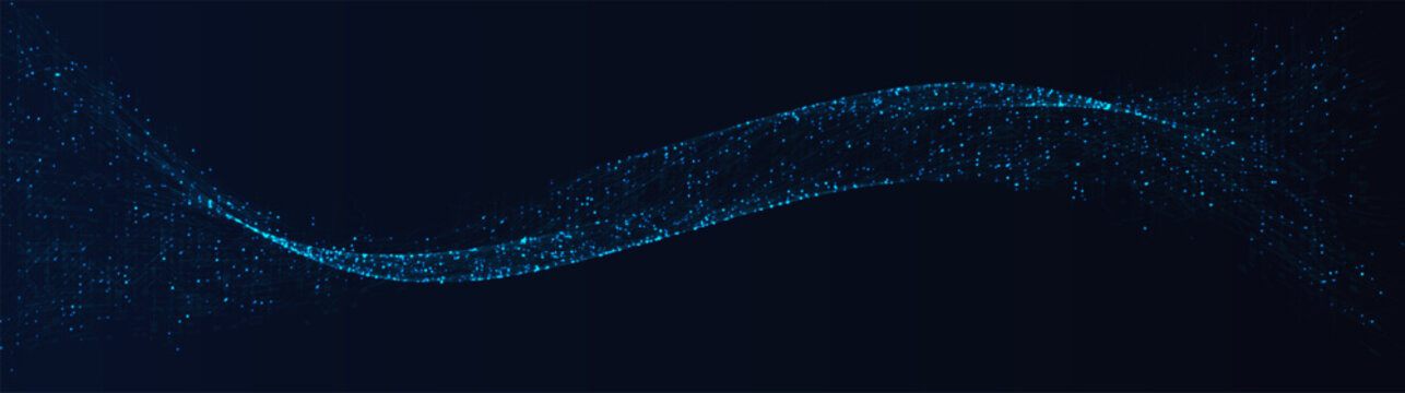 AI Wave Data Flow Digital Stream Circuit on Blue Dark Background for Biotech, Data Science, Scientific Research, Neural Network, Medical Innovation Technology Forum Banner. Vector Illustration