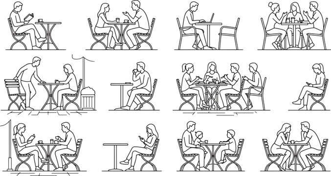 People sitting at cafe tables set of line art vector illustrations for restaurant and social lifestyle design