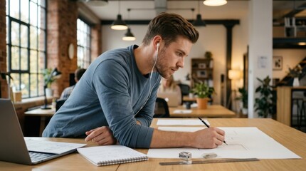 Fototapeta premium Focused young creative male designer wearing earphones and sketching detailed architectural plans on paper at a wooden desk in a modern open office workspace with laptop and tools nearby for work