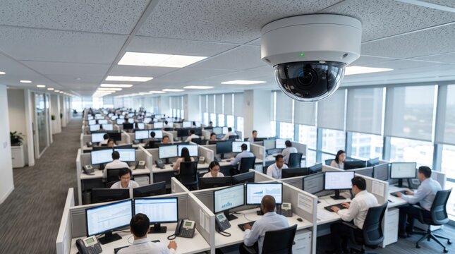 Busy office team working in modern cubicle workspace with surveillance camera