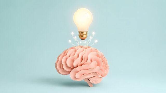 Pink anatomical brain connected to glowing glass lightbulb via illuminated lines. Concept of biomedical engineering, neuroplasticity research, and artificial intelligence software.